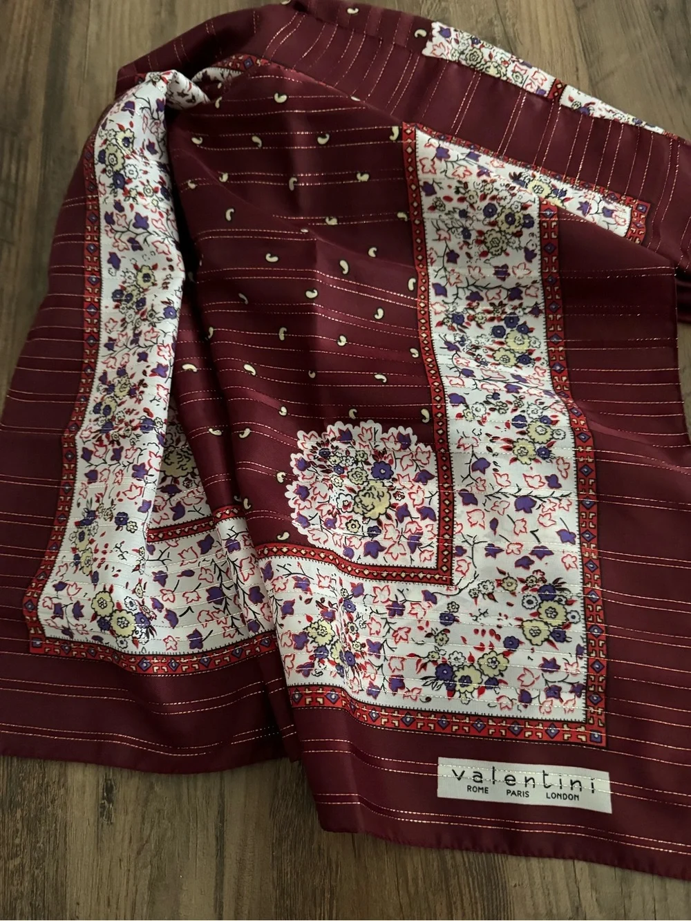 Valentini Floral Border Scarf in Burgundy & Cream